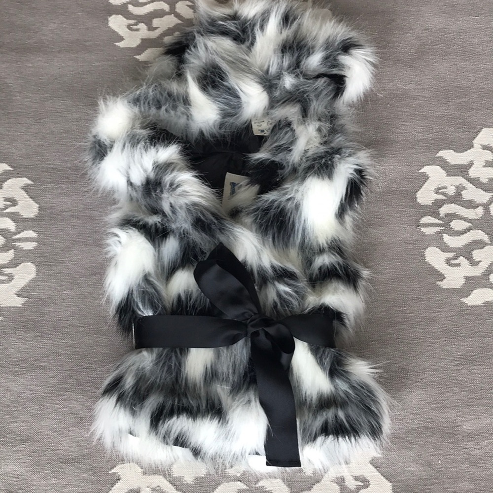 Girls faux fur hooded vest with grosgrain bow